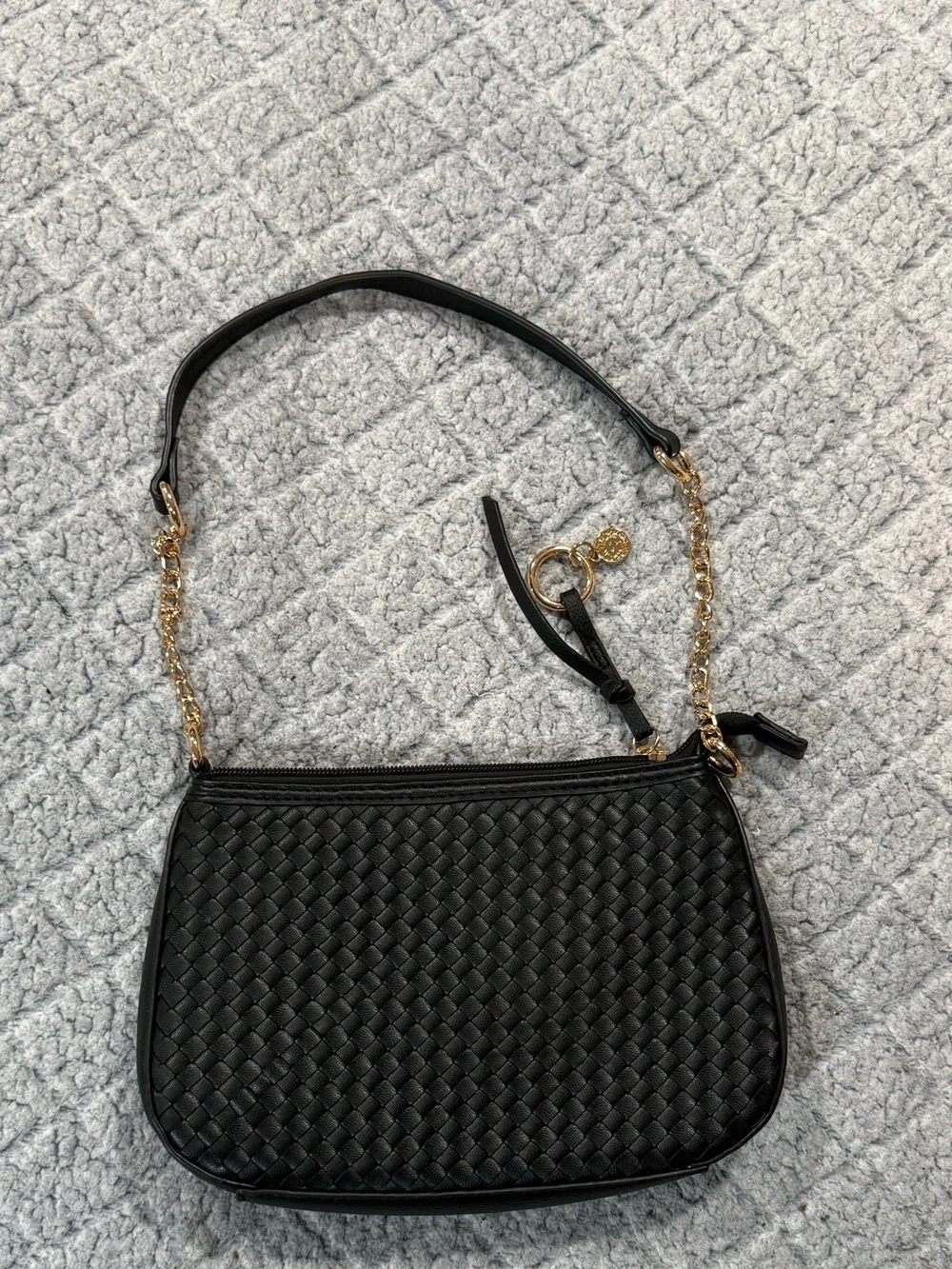 Anne Klein - Black Woven Shoulder Bag with Gold Chain Accent